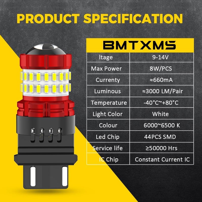 BMT xms 3157 ضوء عكسي احتياطي LED، 3156 3056 3057 4157 3047 4057 3457 4114 لمبات LED مع بروجيكتور لإضاءة الفرامل الخلفية، إشارة، إضاءة موقف، عبوة من 2 - Image 2